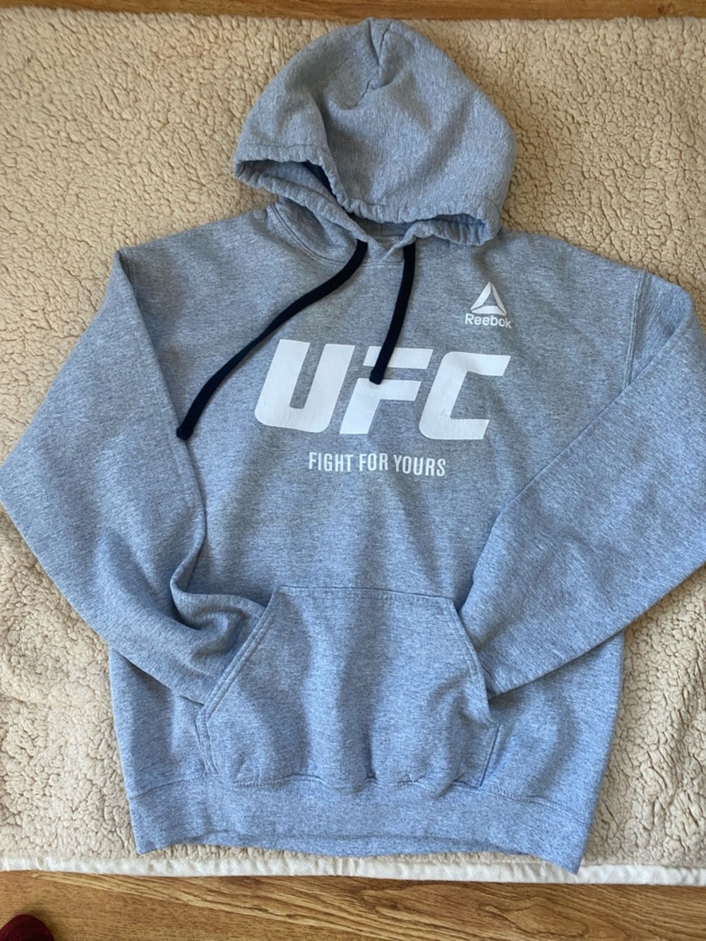 Reebok Gray Hoodie with White UFC Logo and Black Drawstrings